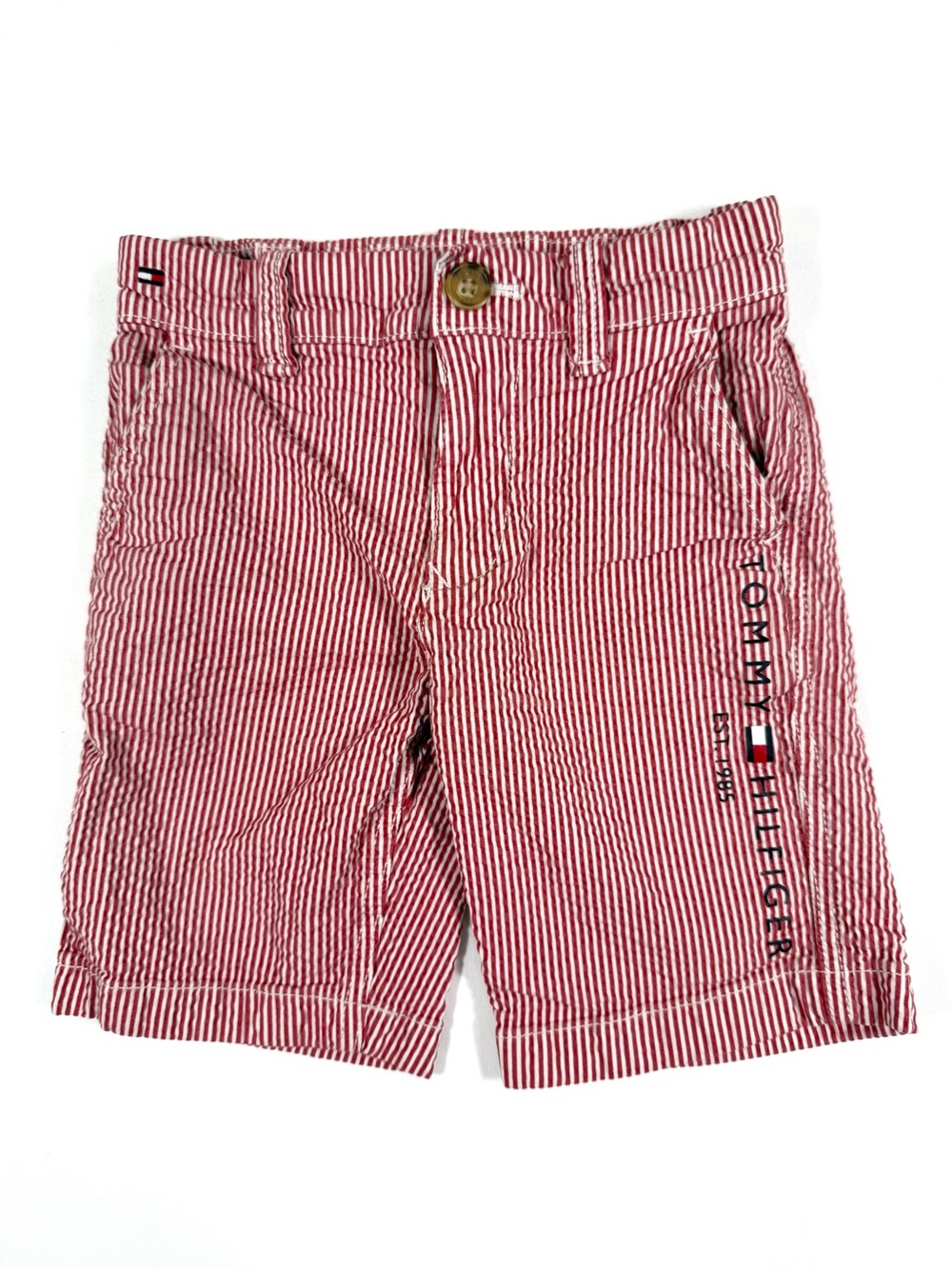 TOMMY HILFIGER Boys Red White Seersucker Striped Shorts Size 6 Logo Preppy